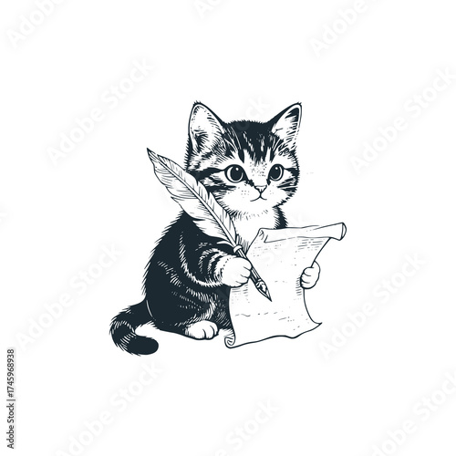 Adorable kitten writing with quills – Black and White Icon Vector and Illustration