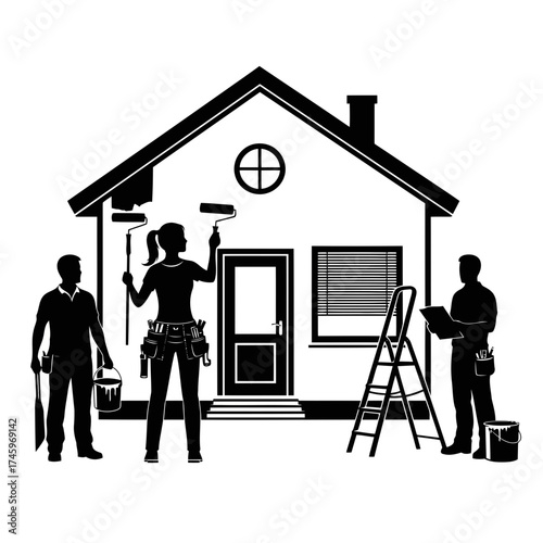 Silhouette of a team of painters working on a house exterior, one woman painting the wall with a roller, two men holding buckets and tools, ladder nearby
