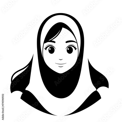 Stylized black and white illustration of a young muslim woman wearing a hijab