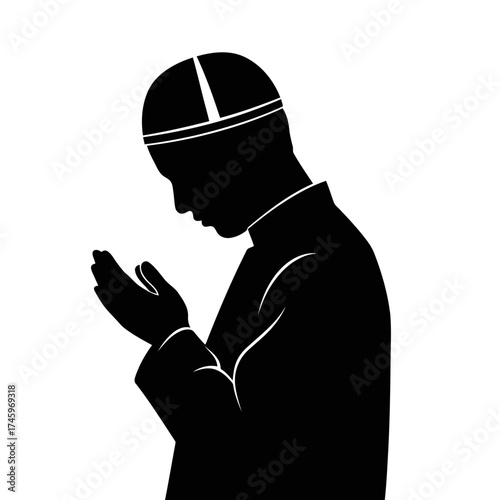 Silhouette of a muslim man praying with hands cupped