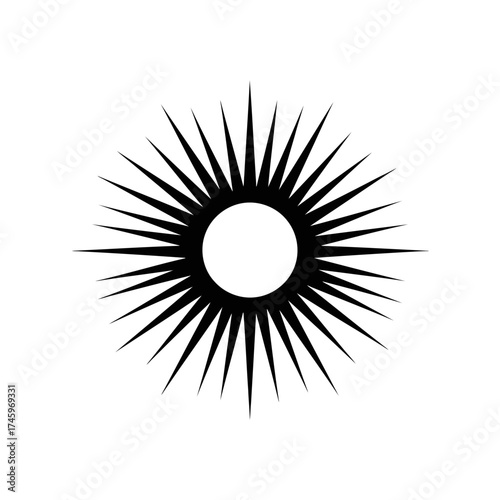 A stylized black sunburst or starburst graphic with sharp, pointed rays radiating from a central white circle, isolated on a