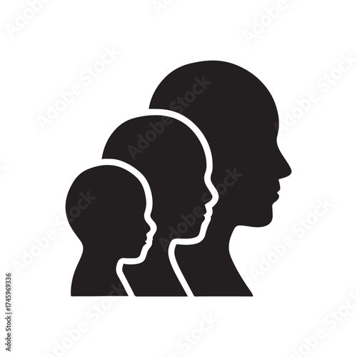 Growth and development stages represented by silhouettes of human heads depicting a child teenager and adult symbolizing life cycle and personal evolution isolated on white background silhouette