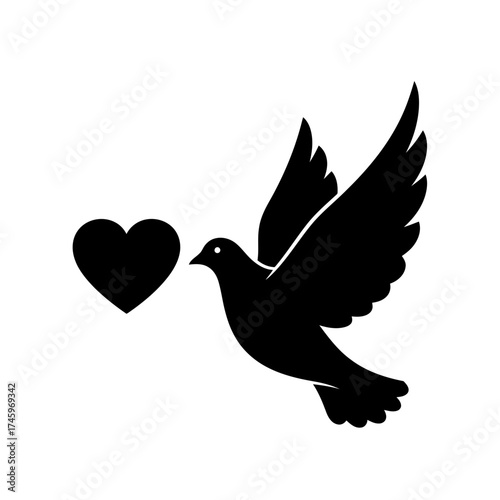 Silhouette of a dove flying with a heart