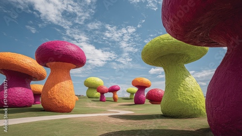 Colorful mushroom sculptures outdoor