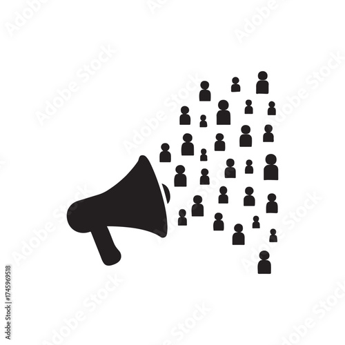 Megaphone spreading information to a crowd concept of voice and influence showcasing communication power in marketing and business with a black and white design for clarity and impact silhouette