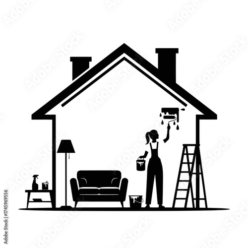 Silhouette of a person painting the interior of a house, with furniture and painting supplies