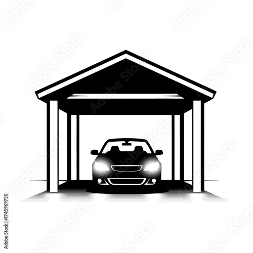 A black car with its headlights on is parked inside a simple open garage or carport