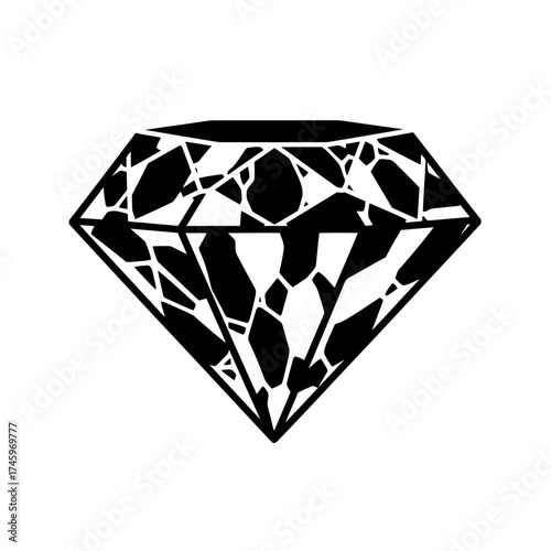 A stylized black and white illustration of a diamond, , showcasing its facets and geometric structure