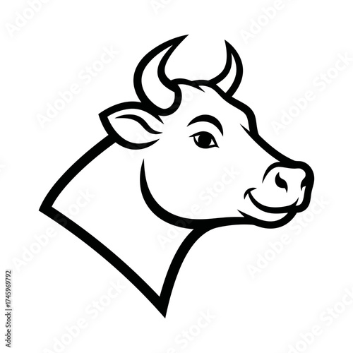 A simple black and white illustration of a cows head, facing right, with a friendly expression, isolated on a