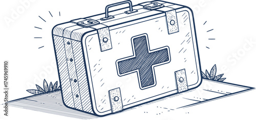 Hand drawn first aid kit on the ground with a cross symbol for medical emergencies and healthcare needs