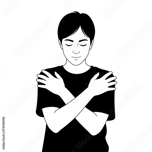 A person hugging themselves with closed eyes