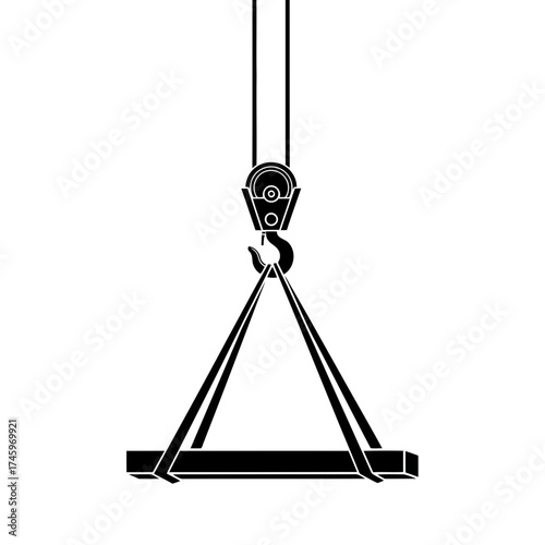 A black silhouette of a crane hook and lifting straps suspending a rectangular object, isolated on a