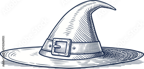 Hand drawn witch hat with buckle and brim for Halloween costume or magical fairytale illustration