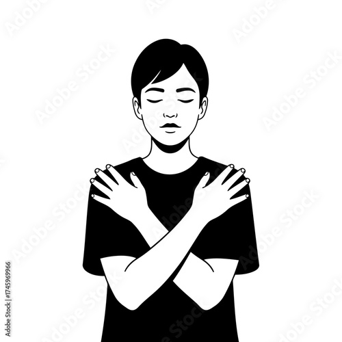 Person hugging themselves with eyes closed