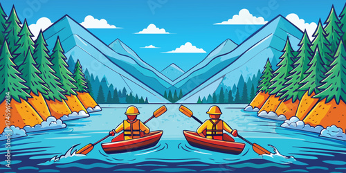 Two kayakers paddling on a serene river surrounded by mountains and lush green trees on a sunny day