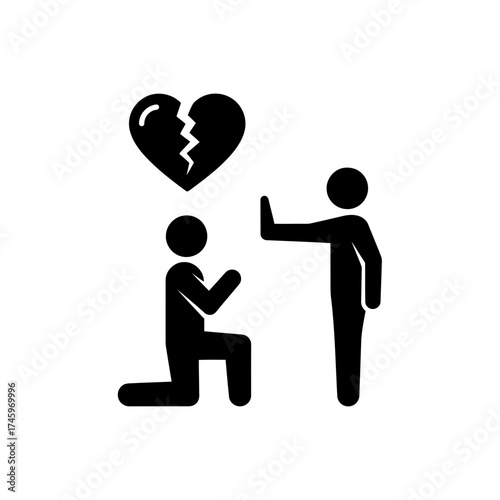 Icon of a person kneeling and begging, with a broken heart above, and another person standing and rejecting them