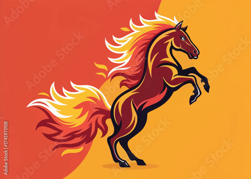 Fiery horse rearing up with a dynamic mane and tail against a vibrant orange and yellow background