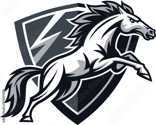 Powerful mustang leaping forward with determination against a shield emblem background design