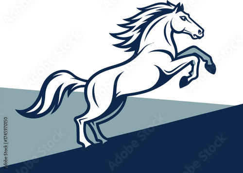 Majestic white horse rearing up powerfully against a dynamic blue and gray geometric background design