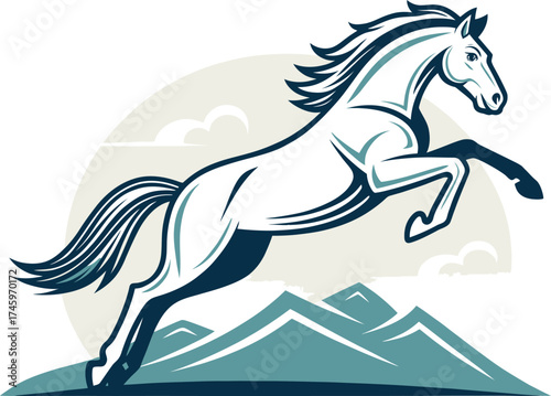 Majestic horse leaping powerfully over mountain peaks in a dynamic and stylized vector design