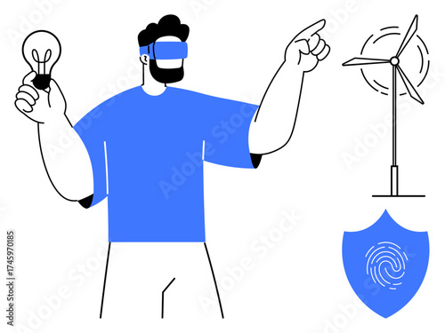Man wearing a VR headset holds a light bulb while pointing at a wind turbine. Features a fingerprint shield. Ideal for innovation, sustainability, renewable energy, technology, virtual reality