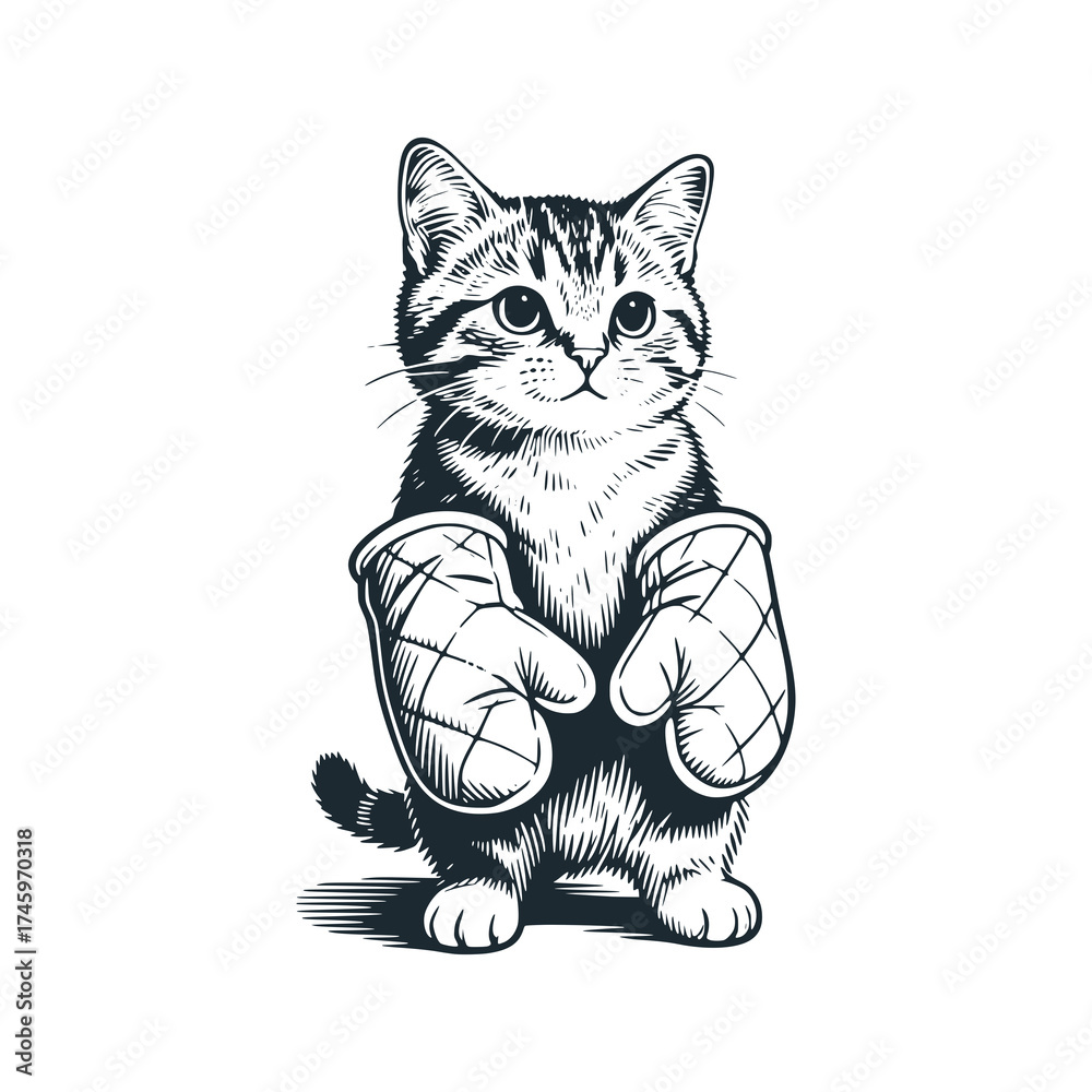 Obraz premium Adorable kitten heat-resistant gloves – Black and White Icon Vector and Illustration