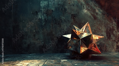 A digital greeting card displaying an animated surreal Times Square ball drop, reimagined as a collapsing star, propped on a textured, dark surface, soft product lighting