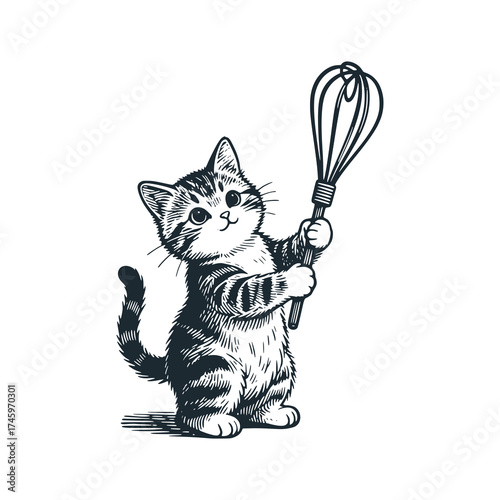 Adorable kitten hold an egg mixer – Black and White Icon Vector and Illustration