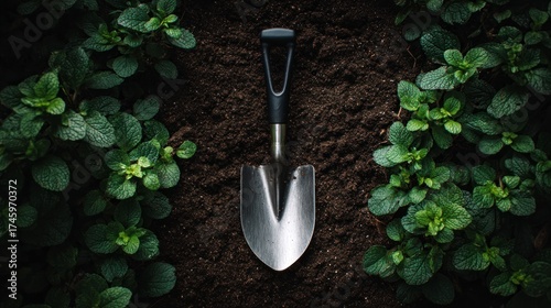 Dark shovel in soil garden