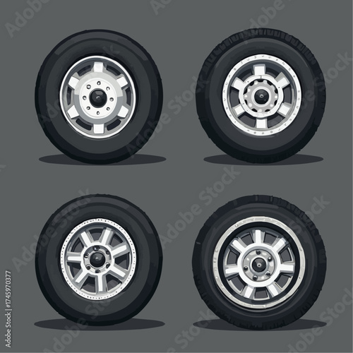 A detailed vector illustration set featuring four different automotive wheels, showcasing various stylish alloy rim designs mounted on black rubber tires for cars and vehicles
