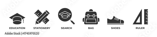 Tools for Learning Icons set vector illustration glyph with Education, Stationery, Search, Bag, Shoes, Ruler