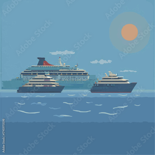 Ocean liners cruise ships sailing on the blue sea under a warm sun