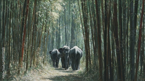 Elephants walking through bamboo forest