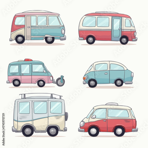 Set of retro stylized camper vans and travel vehicles with colorful designs, perfect for vacation themes