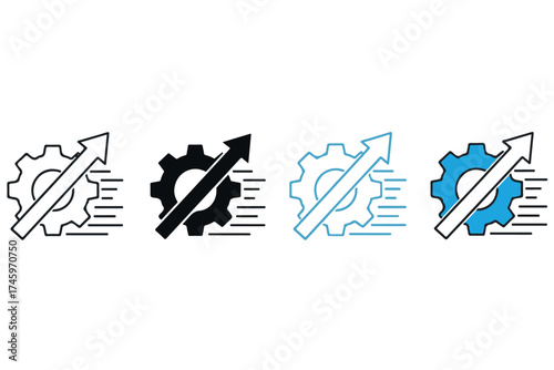 Four variations of a gear icon with an upward trending arrow and motion lines, isolated on transparent background