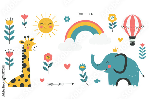 A collection of cute cartoon elements including a giraffe, elephant, sun, rainbow, hot air balloon, and flowers isolated on transparent background