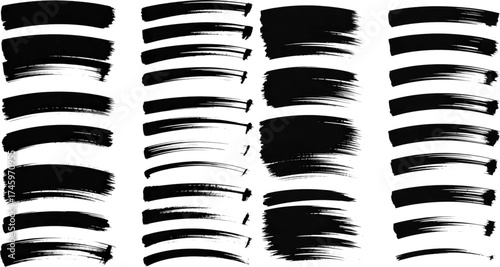 Set of bold dried brush strokes isolated on white, including grunge acrylic textures, hand-drawn thick lines, rectangles, banners, sketchy horizontal strokes,