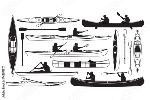Collection of kayaks and canoes with people paddling, showcasing various designs and watercraft, isolated on transparent background