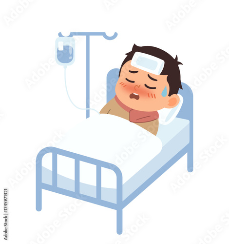 Illustration of Sick Boy in Hospital Bed