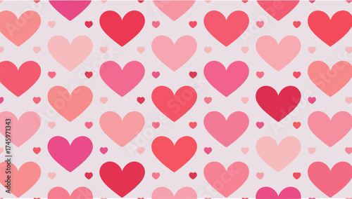 Vector design of A vibrant heart pattern design in a flat style, featuring bold and colorful hearts of varying sizes, arranged in a seamless and cohesive manner, with clean lines,