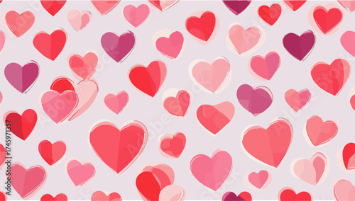 Vector design of A vibrant heart pattern design in a flat style, featuring bold and colorful hearts of varying sizes, arranged in a seamless and cohesive manner, with clean lines,