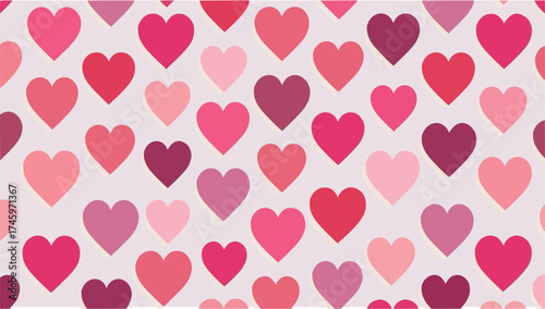Vector design of A vibrant heart pattern design in a flat style, featuring bold and colorful hearts of varying sizes, arranged in a seamless and cohesive manner, with clean lines,