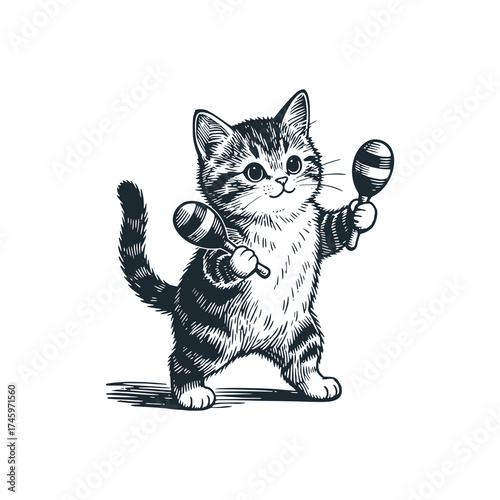 Adorable kitten playing maracas– Black and White Icon Vector and Illustration