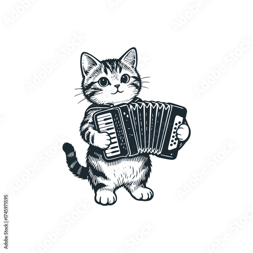 Adorable kitten playing accordion – Black and White Icon Vector and Illustration