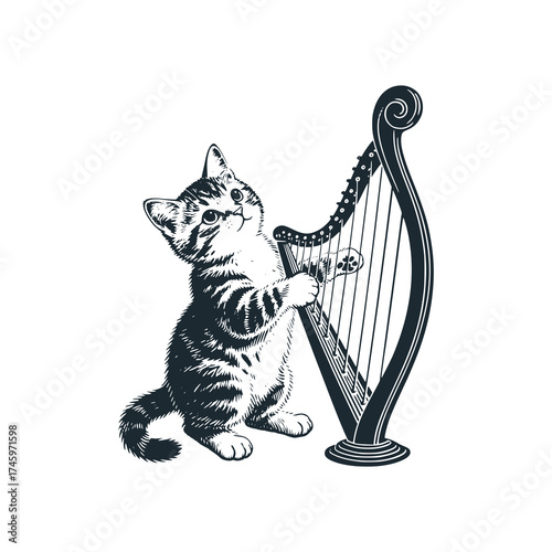 Adorable kitten playing harp – Black and White Icon Vector and Illustration