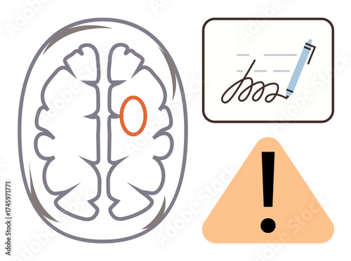 Brain section highlighting a specific area, handwriting sample with pen, and warning sign. Ideal for neurology, cognitive science, mental health, education, handwriting analysis, medical research