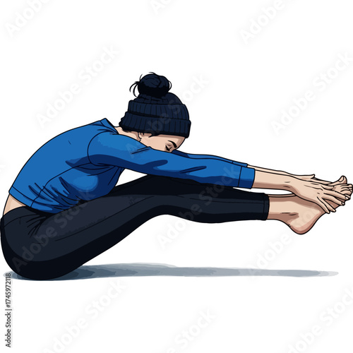 Woman Stretching Forward in Yoga Pose with Beanie.