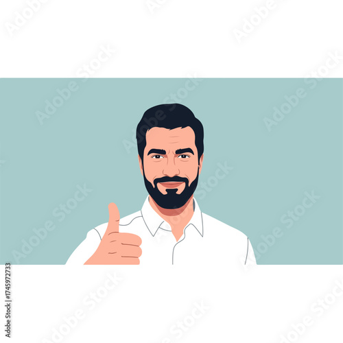 Man with beard giving thumbs up gesture.