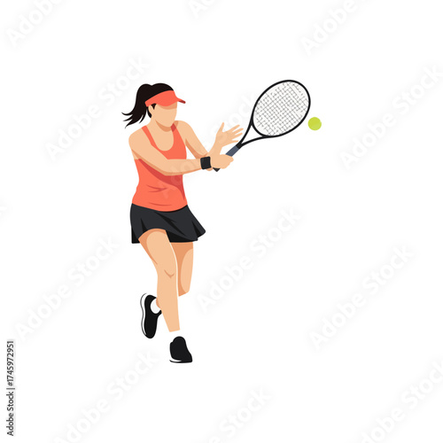 Female Tennis Player Hitting Ball with Racket.