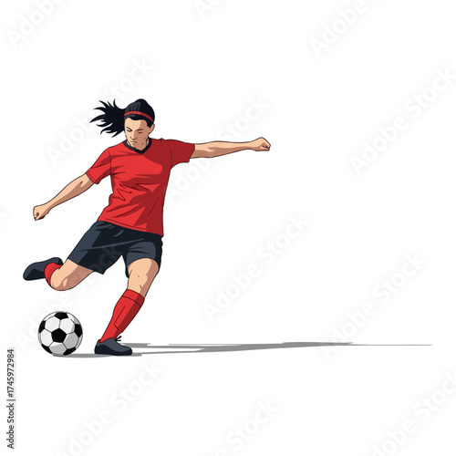 Soccer player kicking ball with focus and determination during game.